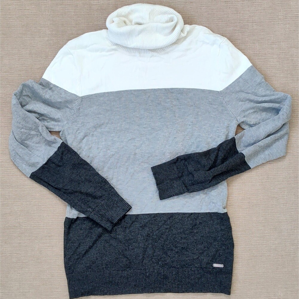 Calvin Klein Stripe Colorblock Turtle Neck Sweater Lightweight Black Gray Med